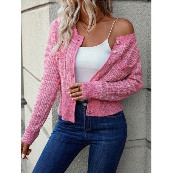 Hot Pink Plaid Button Up Cardigan Knit Long Sleeve Stretchy - Picture 3 of 8